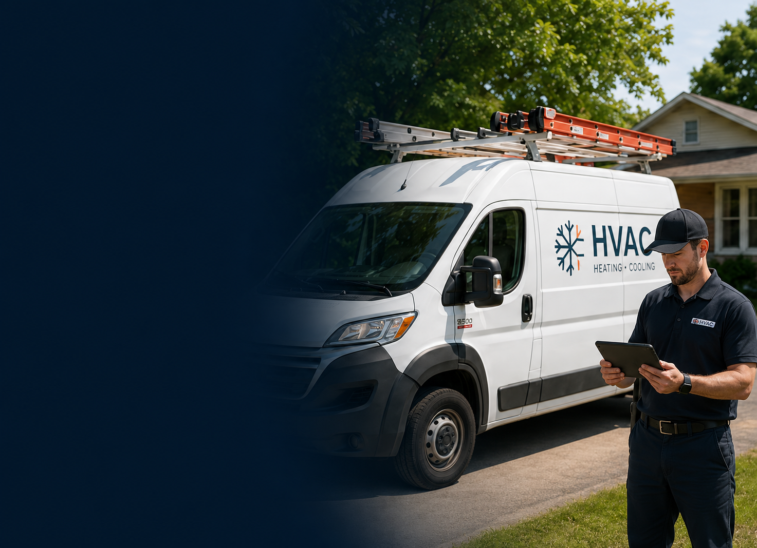 HVAC technician servicing an outdoor unit beside a branded service van with a city skyline in the background